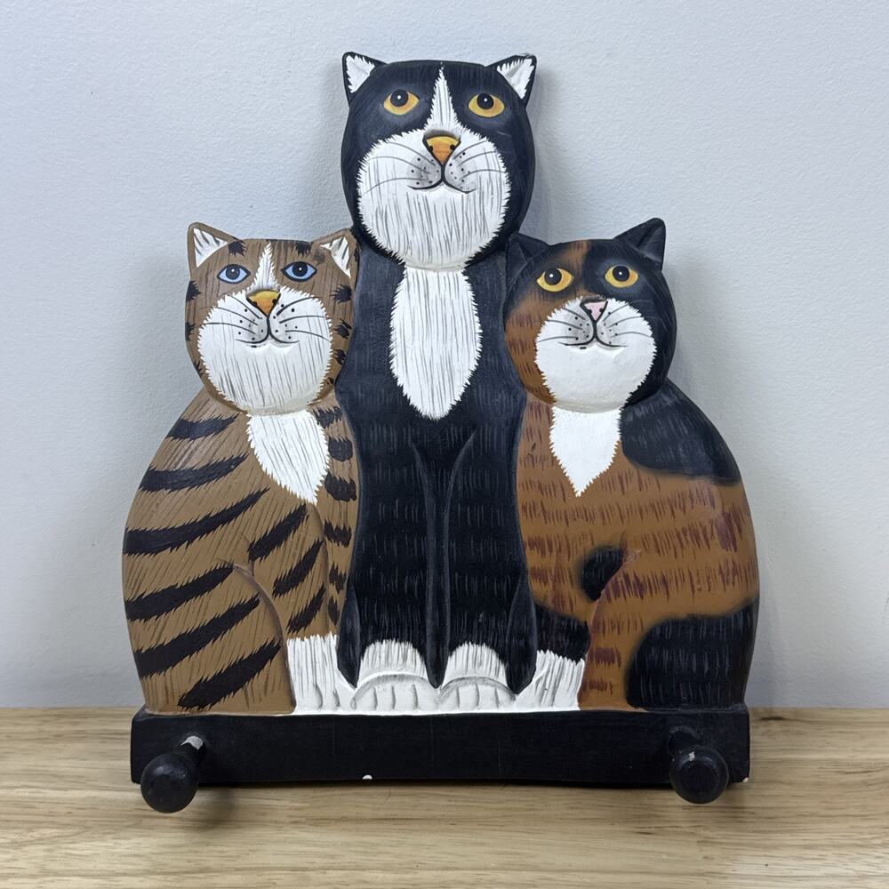 Pier 1 Three Cats Folk Art Wooden Wall Hooks Hanger